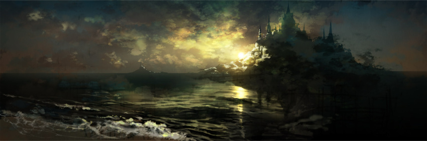 castle cloud clouds highres landscape light long_image scenery shore sky sun sunset water waves wide_image yamakawa