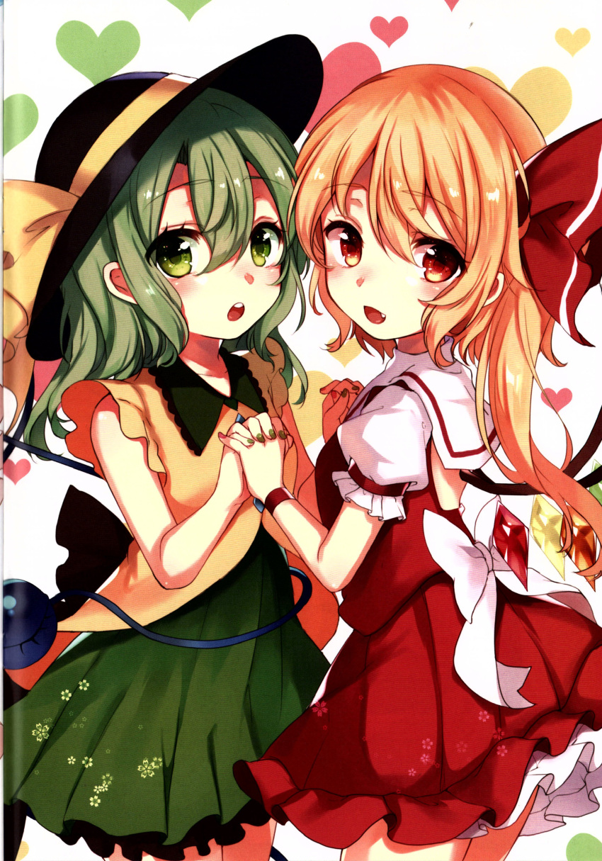 2girls :d :o absurdres adapted_costume bare_shoulders blonde_hair bow contrapposto cowboy_shot flandre_scarlet floral_print green_hair hair_bow hat hat_bow heart heart_background highres interlocked_fingers komeiji_koishi long_hair looking_at_viewer multiple_girls nail_polish no_hat no_headwear one_side_up paragasu_(parags112) scan simple_background skirt smile touhou yuri