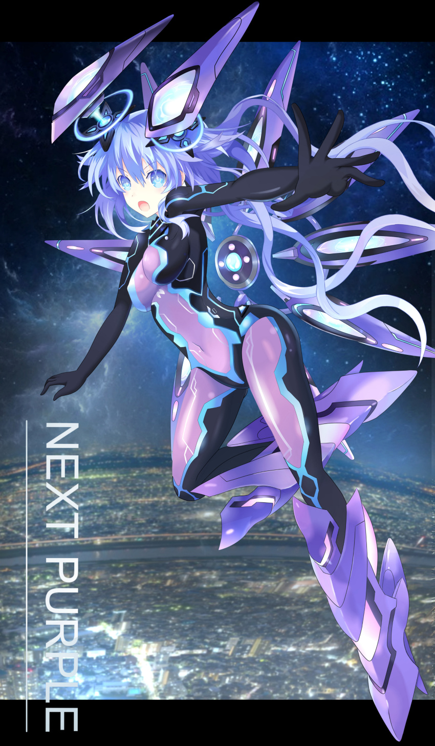 1girl absurdres armor armored_boots bodysuit boots breasts commentary_request covered_navel floating full_body headgear highres long_hair looking_at_viewer medium_breasts multiple_wings neptune_(series) next_purple night night_sky open_mouth power_symbol purple_hair purple_heart ramu-on@_shinon shin_jigen_game_neptune_vii skin_tight sky solo star_(sky) starry_sky symbol-shaped_pupils very_long_hair wings