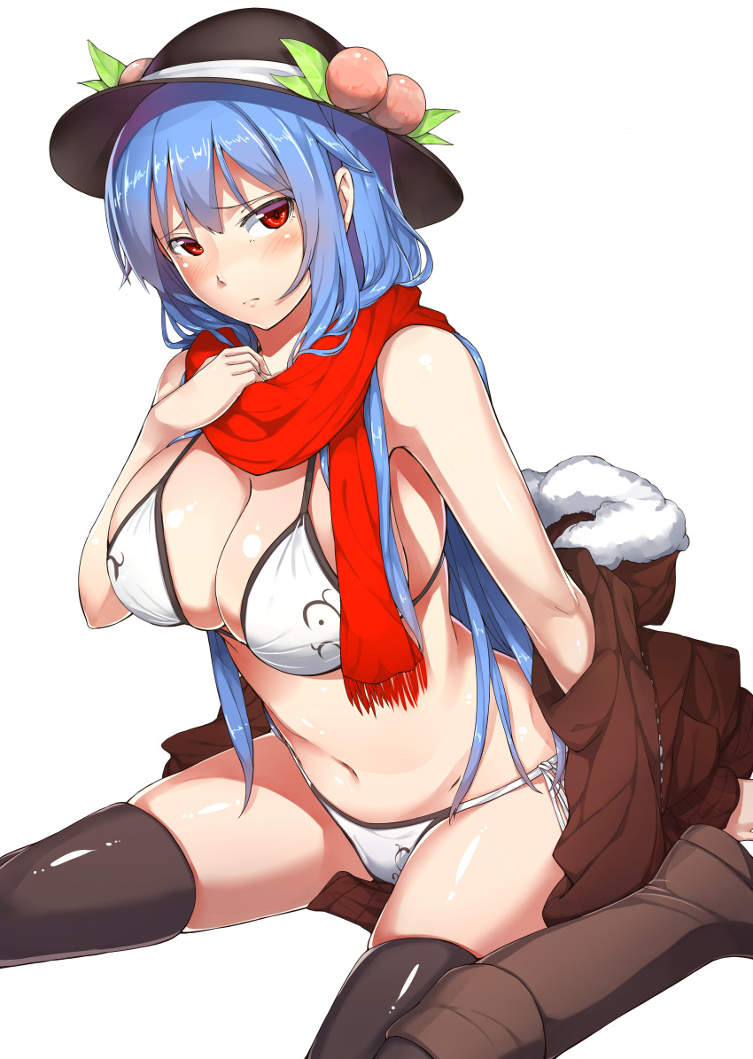 1girl absurdres bangs bikini black_hat black_legwear blue_hair blush boots breasts brown_footwear cleavage closed_mouth coat food fruit hat hat_ribbon highres hinanawi_tenshi large_breasts long_hair looking_at_viewer looking_to_the_side neropaso peach red_eyes red_scarf ribbon scarf side-tie_bikini simple_background sitting solo string_bikini swimsuit thigh-highs touhou very_long_hair white_background white_bikini white_ribbon