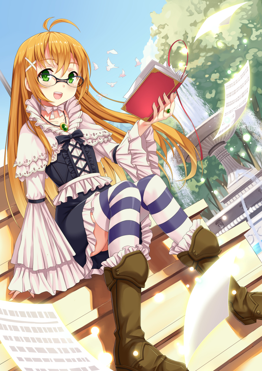 1girl absurdly_long_hair absurdres ahoge blush book brown_hair collarbone eyebrows_visible_through_hair fountain glasses green_eyes hair_ornament highres holding holding_book jewelry ling_si long_hair looking_at_viewer open_mouth original outdoors ring sitting smile solo striped striped_legwear thigh-highs very_long_hair x_hair_ornament