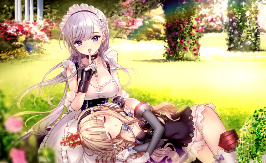 2girls azur_lane bangs belfast_(azur_lane) blonde_hair blurry braid chains closed_eyes collar collarbone covered_navel crown day depth_of_field detached_sleeves eyebrows_visible_through_hair finger_to_mouth garden gloves half_updo lap_pillow long_hair looking_at_viewer maid maid_headdress mini_crown multiple_girls open_mouth outdoors queen_elizabeth_(azur_lane) rigging shushing sidelocks silver_hair sleeping smile tsukigami_runa violet_eyes white_gloves
