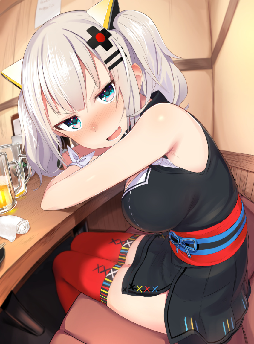 1girl alcohol bangs bare_arms bare_shoulders beer beer_mug black_dress blue_eyes breasts chopsticks commentary_request dress fang greatmosu hair_ornament hairclip highres indoors kaguya_luna kaguya_luna_(character) large_breasts looking_at_viewer obi open_mouth red_legwear sash short_dress silver_hair sleeveless sleeveless_dress smile solo table thigh-highs turtleneck twintails wristband x_hair_ornament