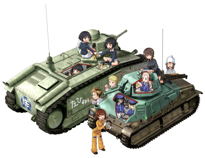 6+girls andou_(girls_und_panzer) bangs bc_freedom_(emblem) bc_freedom_military_uniform black_eyes black_footwear black_hair black_legwear black_skirt blue_hat blue_jacket blue_shirt blue_vest blunt_bangs bob_cut bokken bottle brown_eyes brown_hair char_b1 chips closed_eyes dark_skin dessert dress_shirt emblem fan food freckles girls_und_panzer gloves gotou_moyoko graffiti green_skirt grey_shirt ground_vehicle hat high_collar holding holding_food holding_weapon indian_style jacket jumpsuit katahira_masashi keizoku_school_uniform kneeling konparu_nozomi kuromorimine_school_uniform leaning_forward loafers long_hair long_sleeves looking_at_another marie_(girls_und_panzer) mechanic mika_(girls_und_panzer) military military_uniform military_vehicle miniskirt motor_vehicle multiple_boys multiple_girls neckerchief nishizumi_maho ooarai_(emblem) ooarai_military_uniform open_mouth orange_jumpsuit oshida_(girls_und_panzer) paper_fan pleated_skirt popsicle potato_chips ramen s35 school_uniform serafuku shako_cap shirt shoes short_hair sitting skirt smile socks sono_midoriko spade_(shape) spray_can standing steering_wheel striped striped_shirt sword tank tsuchiya_(girls_und_panzer) uniform vertical-striped_shirt vertical_stripes vest weapon white_gloves white_shirt white_skirt wooden_sword wrench x-ray