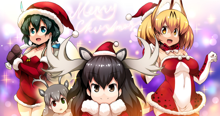 4girls :d alternate_costume animal_ears antlers backpack bag bare_shoulders bell black_eyes black_hair blonde_hair blue_eyes bow bowtie breasts brown_gloves cleavage collarbone cowboy_shot dress elbow_gloves extra_ears eyebrows_visible_through_hair fur_collar fur_trim gloves green_eyes grey_hair hair_between_eyes hat hat_feather heterochromia highres holding impossible_clothes impossible_dress kaban_(kemono_friends) kemono_friends long_hair looking_at_viewer lucky_beast_(kemono_friends) merry_christmas moose_(kemono_friends) moose_ears multicolored multicolored_clothes multicolored_gloves multicolored_neckwear multiple_girls open_mouth print_neckwear red_dress red_eyes red_gloves red_legwear red_neckwear reindeer_(kemono_friends) reindeer_antlers reindeer_ears sack santa_costume santa_hat serval_(kemono_friends) serval_ears serval_print serval_tail smile sparkle tail tsukasawa_takamatsu upper_body white_gloves white_neckwear yellow_eyes