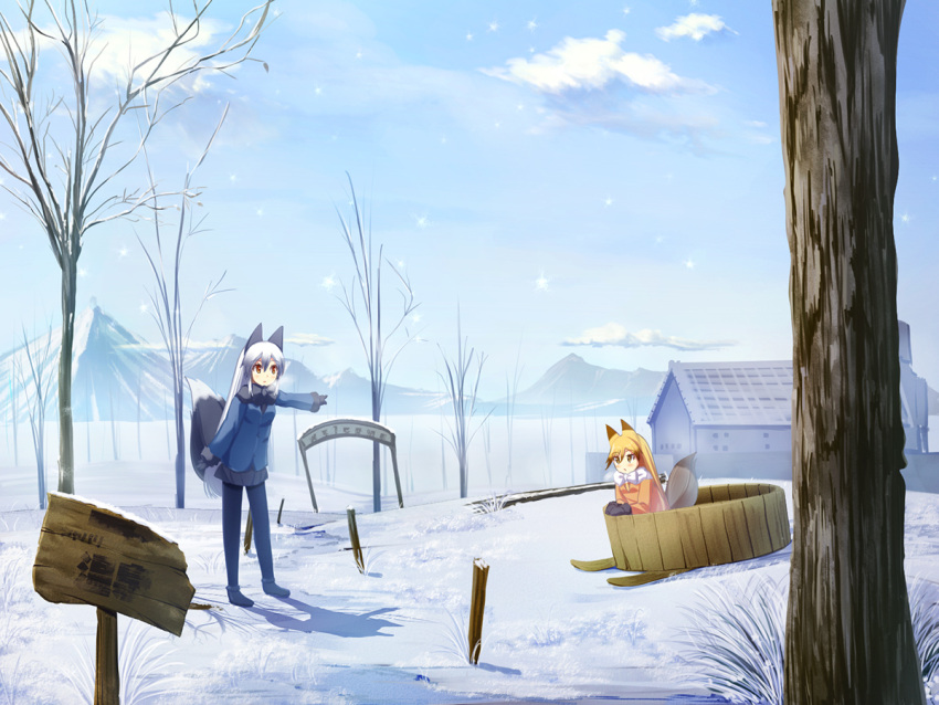 2girls animal_ears bare_tree basin black_legwear blonde_hair blue_sky building clouds commentary day ezo_red_fox_(kemono_friends) fox_ears kemono_friends liya long_hair mountain multiple_girls outdoors outstretched_arm pantyhose pointing signpost silver_fox_(kemono_friends) silver_hair sky snow tree