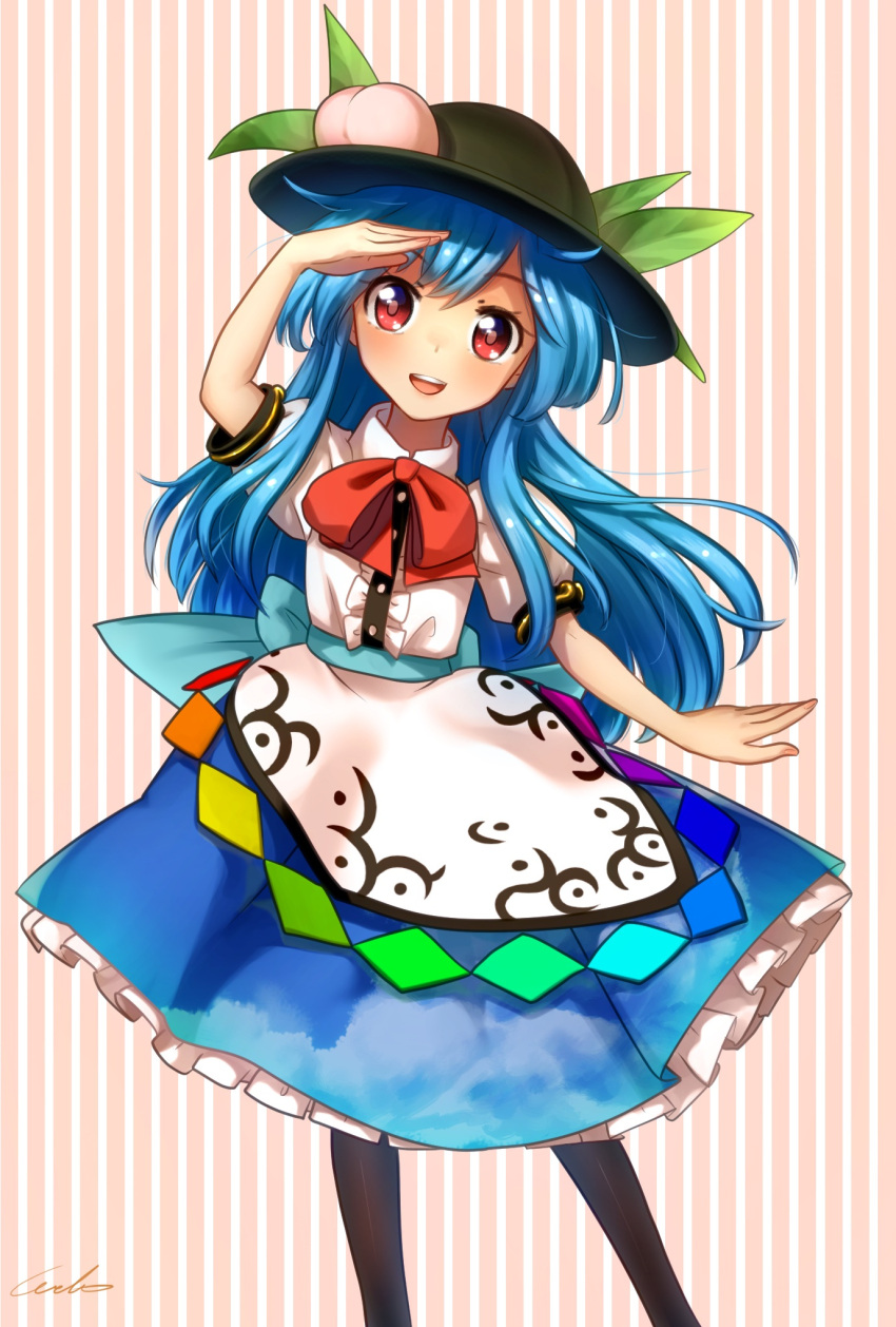 1girl :d black_hat black_legwear blue_hair blue_skirt commentary_request food frills fruit hand_over_eye hat highres hinanawi_tenshi leaf long_hair looking_at_viewer neck_ribbon open_mouth peach puffy_short_sleeves puffy_sleeves rainbow_order red_eyes red_ribbon ribbon short_sleeves signature skirt smile solo striped touhou vertical-striped_background vertical_stripes welt_(kinsei_koutenkyoku)
