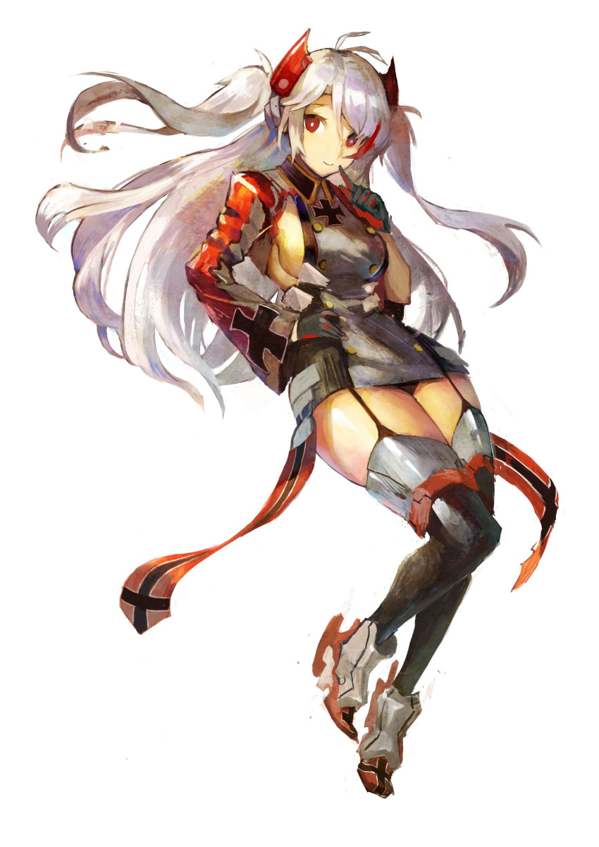 1girl azur_lane bangs black_gloves black_legwear black_panties breasts bright_pupils buttons closed_mouth dress finger_to_face floating_hair full_body garter_straps gloves hair_between_eyes hair_ornament highres iron_cross long_hair long_sleeves military military_uniform multicolored_hair no_bra ogin920 over-kneehighs panties pantyshot prinz_eugen_(azur_lane) red_eyes redhead shoes short_dress sideboob silver_hair simple_background smile solo streaked_hair swept_bangs taut_clothes taut_dress thigh-highs two-tone_hair two_side_up underwear uniform white_background white_pupils wide_sleeves zettai_ryouiki
