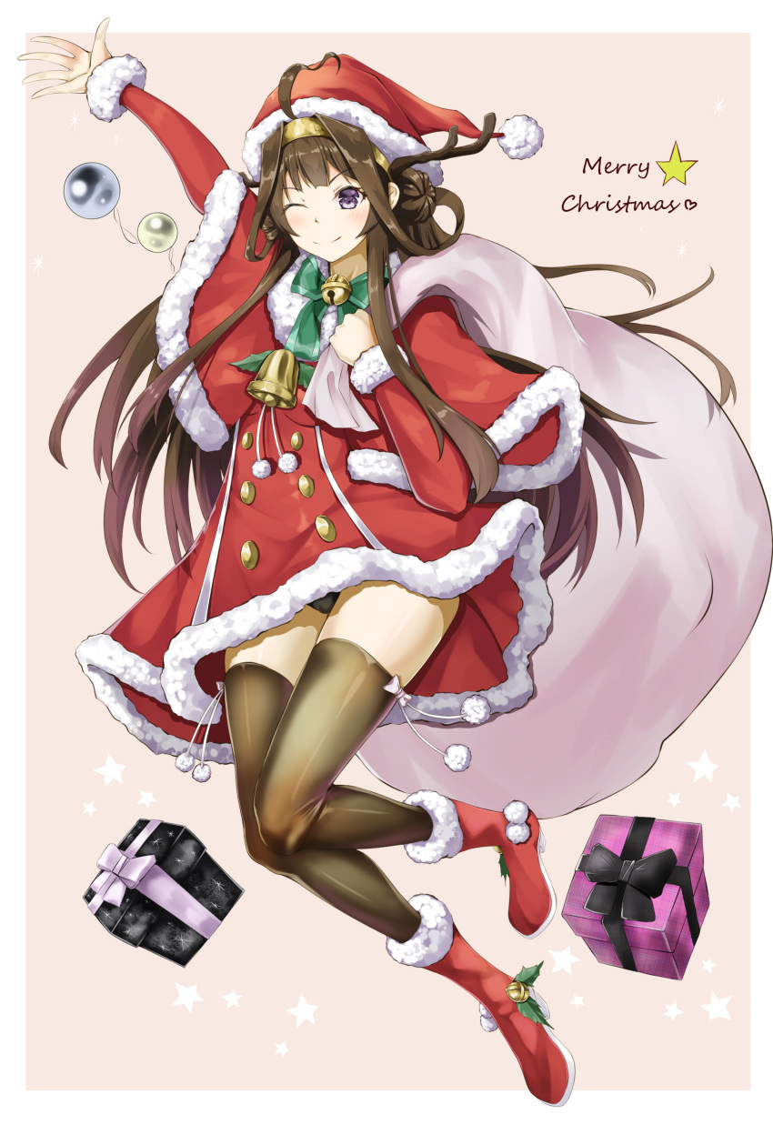 1girl absurdres ahoge bell bow brown_hair brown_legwear capelet christmas double_bun dress full_body fur_trim gift green_bow hairband hat headgear highres jingle_bell kantai_collection kasoke_no_tsubasa kongou_(kantai_collection) long_hair nontraditional_miko one_eye_closed pink_background pom_pom_(clothes) red_dress red_footwear sack santa_costume santa_hat simple_background smile solo thigh-highs violet_eyes
