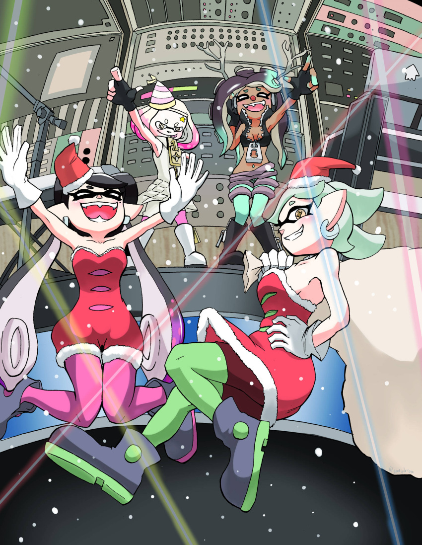 +_+ 4girls antlers aori_(splatoon) aqua_hair arms_up bag black_hair breasts cleavage closed_eyes concert cousins dark_skin domino_mask dress fingerless_gloves full_body gloves gomesu_(gomes0343) highres hime_(splatoon) hotaru_(splatoon) iida_(splatoon) jumping mask mole mole_under_eye multicolored_hair multiple_girls pantyhose pink_hair reindeer_antlers smile splatoon splatoon_2 symbol-shaped_pupils teeth tentacle_hair two-tone_hair white_gloves white_hair yellow_eyes zipper