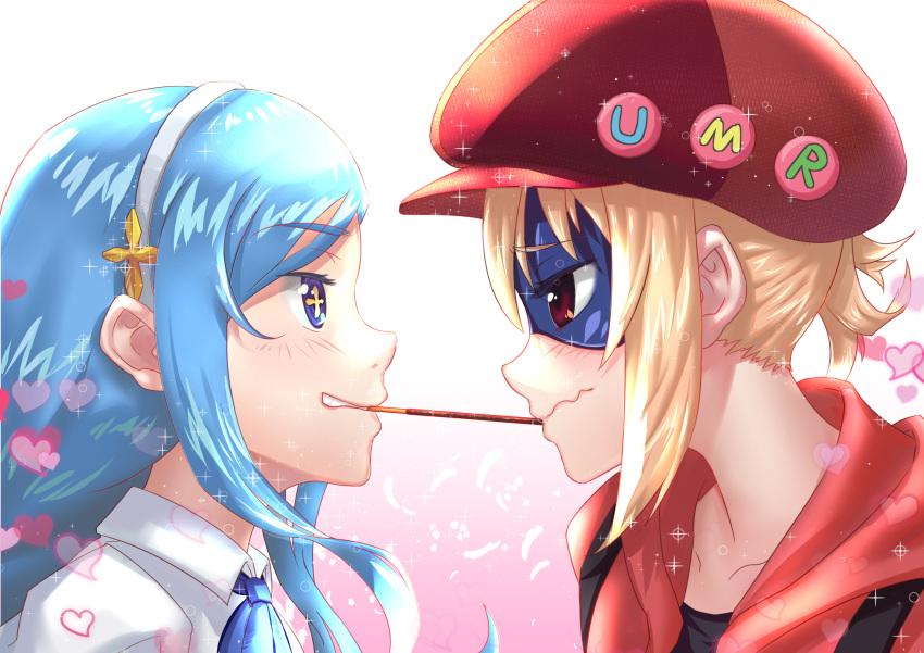 +_+ 2girls absurdres bangs black_shirt blonde_hair blue_eyes blue_hair blue_ribbon blush brown_eyes bubble cabbie_hat character_name closed_mouth collared_shirt commentary_request doma_umaru domino_mask eye_contact food grin hair_between_eyes hat headband heart highres himouto!_umaru-chan hood hoodie ice_dacapo long_hair looking_at_another mask multiple_girls neck_ribbon pocky pocky_kiss red_hat red_hoodie ribbon shared_food shirt short_hair sidelocks smile sparkle strap symbol-shaped_pupils tachibana_sylphynford umr white_shirt wing_collar yuri