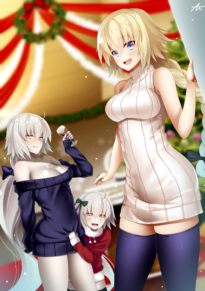 ahoge asakura_kukuri bare_shoulders braid breasts christmas cup dress drinking_glass fate/grand_order fate_(series) highres jeanne_d'arc_(alter)_(fate) jeanne_d'arc_(fate) jeanne_d'arc_(fate)_(all) jeanne_d'arc_alter_santa_lily medium_breasts ponytail ribbed_sweater single_braid sweater sweater_dress thigh-highs wine_glass