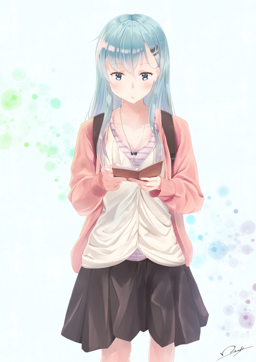 1girl aqua_eyes aqua_hair backpack bag bangs beige_shirt black_skirt blush breasts cardigan cellphone closed_mouth collarbone eyebrows_visible_through_hair hair_ornament hairclip highres holding holding_phone jewelry kantai_collection knees large_breasts long_hair long_sleeves looking_at_phone necklace open_cardigan open_clothes phone phone_wallet pink_cardigan ring shirt signature simple_background skirt smartphone smile solo standing suzuya_(kantai_collection) undershirt yukai_nao