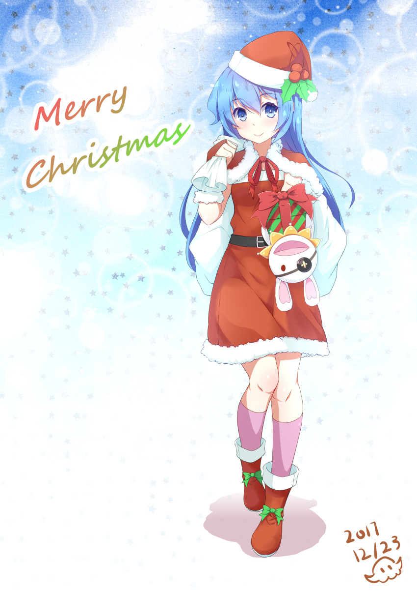 1girl absurdres blue_eyes blue_hair blush boots bubble_background carrying_over_shoulder christmas date_a_live dress full_body fur_trim gift hat highres holding holding_gift kneehighs long_hair looking_at_viewer pink_footwear red_capelet red_dress red_footwear santa_costume santa_hat smile solo star starry_background yoshino_(date_a_live) yoshinon