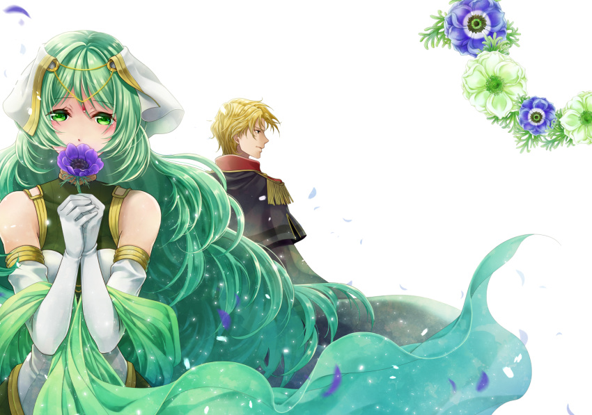 1boy 1girl bare_shoulders blonde_hair breasts camus covering_mouth dress elbow_gloves fire_emblem fire_emblem_echoes:_mou_hitori_no_eiyuuou flower gloves green_eyes green_hair hair_ornament hands_together holding holding_flower kaboplus_ko long_hair medium_breasts military military_uniform petals profile sash short_hair simple_background teeta_(fire_emblem) uniform white_background white_gloves