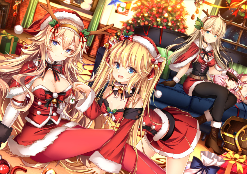 4girls all_fours andrea_doria_(zhan_jian_shao_nyu) antlers bangs bell belt_buckle black_bow black_legwear blonde_hair blue_eyes blush bow box breasts brown_belt brown_eyes buckle capelet character_request christmas_lights christmas_ornaments christmas_tree cleavage closed_mouth commentary_request couch curtains detached_collar dice_hair_ornament dutch_angle eyebrows_visible_through_hair fake_antlers fireplace fur-trimmed_capelet fur-trimmed_hat fur-trimmed_shirt fur-trimmed_skirt fur-trimmed_sleeves fur_collar fur_trim gift gift_box hair_between_eyes hair_bow hair_ornament hat highres indoors jianren long_hair long_sleeves looking_at_viewer medium_breasts multiple_girls night on_couch pants pantyhose pillow pink_hair pleated_skirt red_bow red_capelet red_hat red_pants red_shirt red_skirt reindeer_antlers sack santa_costume santa_hat shirt skirt small_breasts smile snowing striped thick_eyebrows twintails vertical_stripes very_long_hair wide_sleeves window zhan_jian_shao_nyu