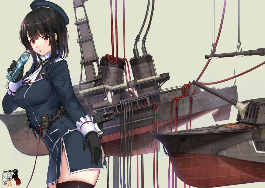 1girl akasaai beret black_gloves black_hair blue_hat blue_jacket blush bottle breasts from_side gloves grey_background hair_between_eyes hand_on_hip hat highres holding holding_bottle jacket kantai_collection large_breasts long_sleeves looking_at_viewer parted_lips ramune red_eyes repairing rigging shiny shiny_hair short_hair simple_background smokestack solo takao_(kantai_collection) tube upper_body