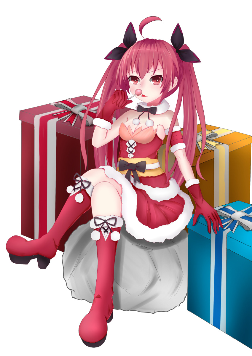 1girl absurdres ahoge bare_shoulders boots breasts candy christmas cleavage commentary_request date_a_live detached_collar dress food full_body fur_trim gift gloves hair_ribbon highres itsuka_kotori knee_boots legs_crossed licking lollipop long_hair looking_at_viewer red_dress red_eyes red_footwear red_gloves redhead ribbon santa_costume simple_background sitting sitting_on_object small_breasts solo strapless strapless_dress tube_dress twintails very_long_hair white_background
