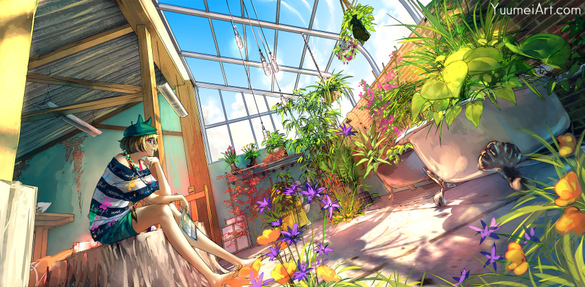 1girl barefoot bathtub beret blue_eyes blue_sky brown_hair clouds commentary fisheye_placebo flower greenhouse hat hat_with_ears highres plant profile short_hair sitting sky solo watermark web_address wenqing_yan