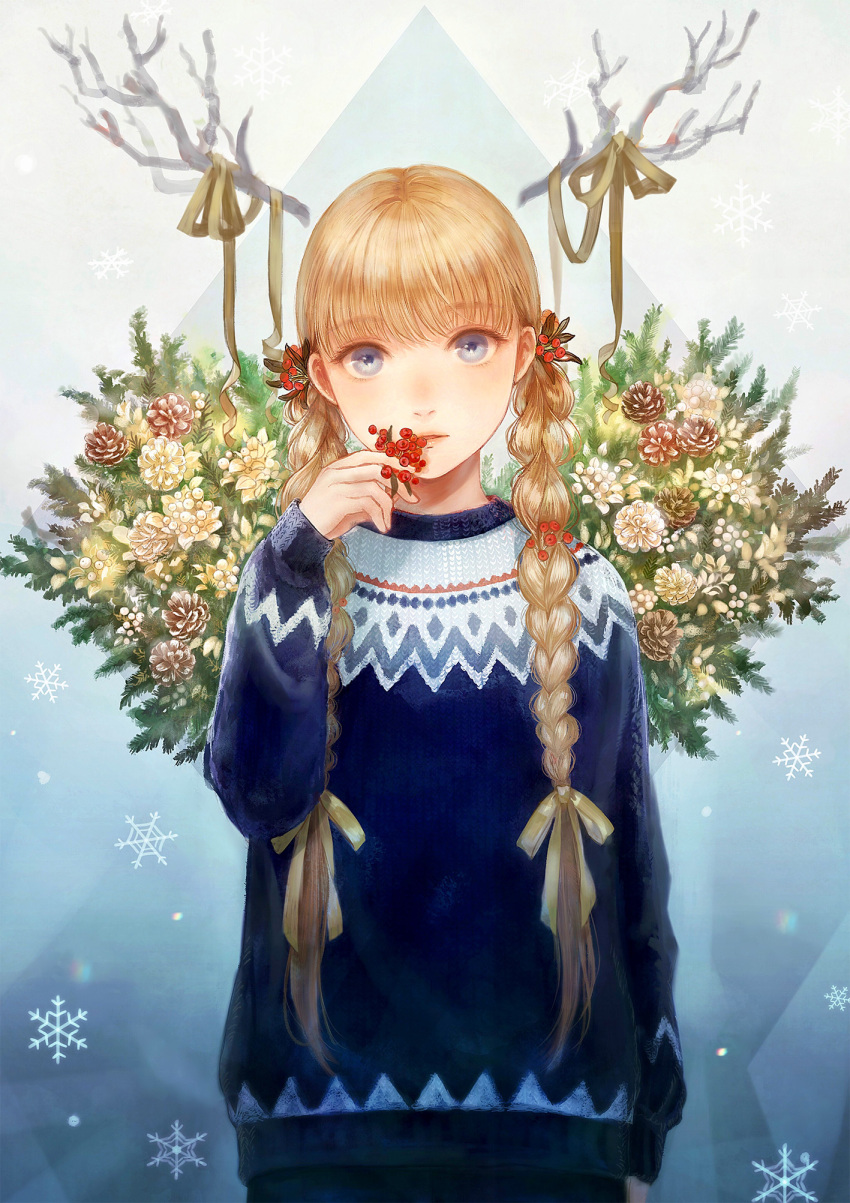 1girl animal_ears arm_at_side bangs blonde_hair blue_eyes blue_sweater braid commentary eyebrows_visible_through_hair face fake_animal_ears fake_antlers flower flower_request hair_ornament hair_over_shoulder hand_to_own_mouth hand_up highres holly_hair_ornament horn_ribbon horns lips long_hair long_sleeves looking_at_viewer nose original parted_lips pinecone plant pyramid ribbon romiy snowflakes solo sweater tareme twin_braids upper_body