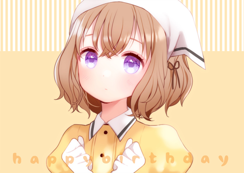 1girl bangs blend_s blush brown_hair commentary_request dress eyebrows_visible_through_hair gloves hair_between_eyes hair_ornament head_scarf hoshikawa_mafuyu kurashi looking_at_viewer portrait puffy_sleeves ribbon short_hair simple_background solo stile_uniform violet_eyes waitress white_gloves wing_collar yellow_background yellow_dress