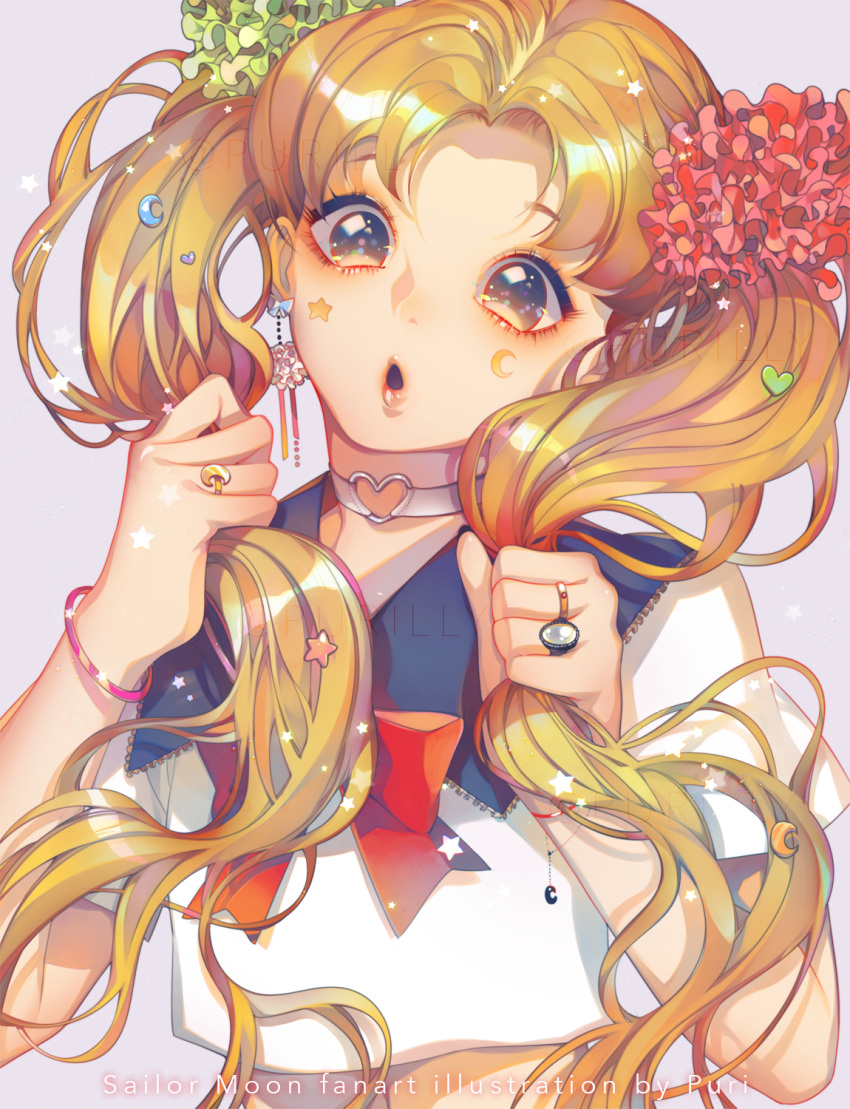 1girl :d artist_name bangs bishoujo_senshi_sailor_moon blonde_hair bow bracelet choker close-up crescent earrings facial_mark hair_grab hair_ornament heart_choker highres jewelry lavender_background lipstick long_hair makeup multicolored multicolored_eyes open_mouth parted_bangs purii red_bow ring school_uniform serafuku smile solo tsukino_usagi twintails very_long_hair watermark