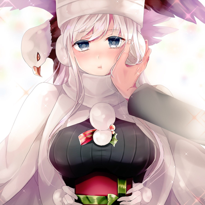 1boy 1girl :t azur_lane bangs blush box breasts christmas coat earmuffs enterprise_(azur_lane) enterprise_(reindeer_master)_(azur_lane) eyebrows_visible_through_hair gift gift_box gloves grey_eyes hand_on_another's_face hand_on_earmuffs hat highres holding holding_gift looking_at_viewer pom_pom_(clothes) pout pov scarf silver_hair sparkle upper_body white_gloves white_hat white_scarf winter_clothes winter_coat