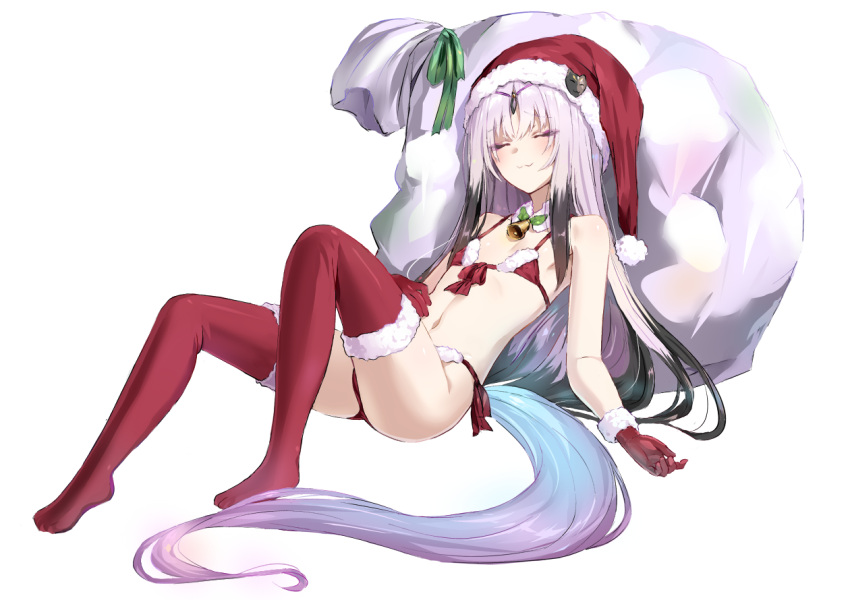 1girl :3 bangs bare_arms bare_shoulders bell black_hair blue_hair bra closed_mouth detached_collar gloves gradient_hair hat lavender_hair long_hair lying multicolored_hair no_shoes on_back original panties ramuya_(lamb) red_bra red_eyes red_gloves red_panties sack santa_hat simple_background smile solo tail thigh-highs two-tone_hair underwear