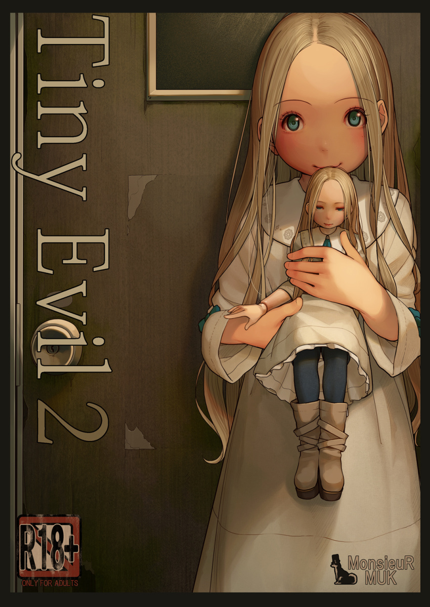 1girl artist_name blonde_hair blue_eyes blue_pants boots closed_mouth doll doll_joints door dress eyebrows_visible_through_hair forehead half-closed_eyes highres holding_doll kagamine-ikka long_hair long_sleeves looking_at_viewer no_bangs original pants smile solo standing tiny_evil white_dress