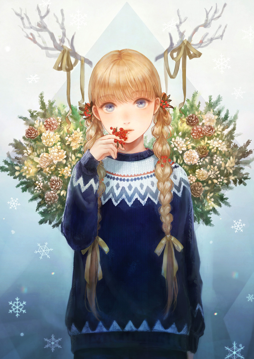 1girl absurdres animal_ears arm_at_side bangs berry blonde_hair blue_eyes blue_sweater braid commentary eyebrows_visible_through_hair face fake_animal_ears fake_antlers flower flower_request hair_ornament hair_over_shoulder hand_to_own_mouth hand_up highres holding_holly holly_hair_ornament horn_ribbon horns lips long_hair long_sleeves looking_at_viewer nose original parted_lips pinecone plant ribbon romiy snowflakes solo sweater tareme triangle twin_braids upper_body