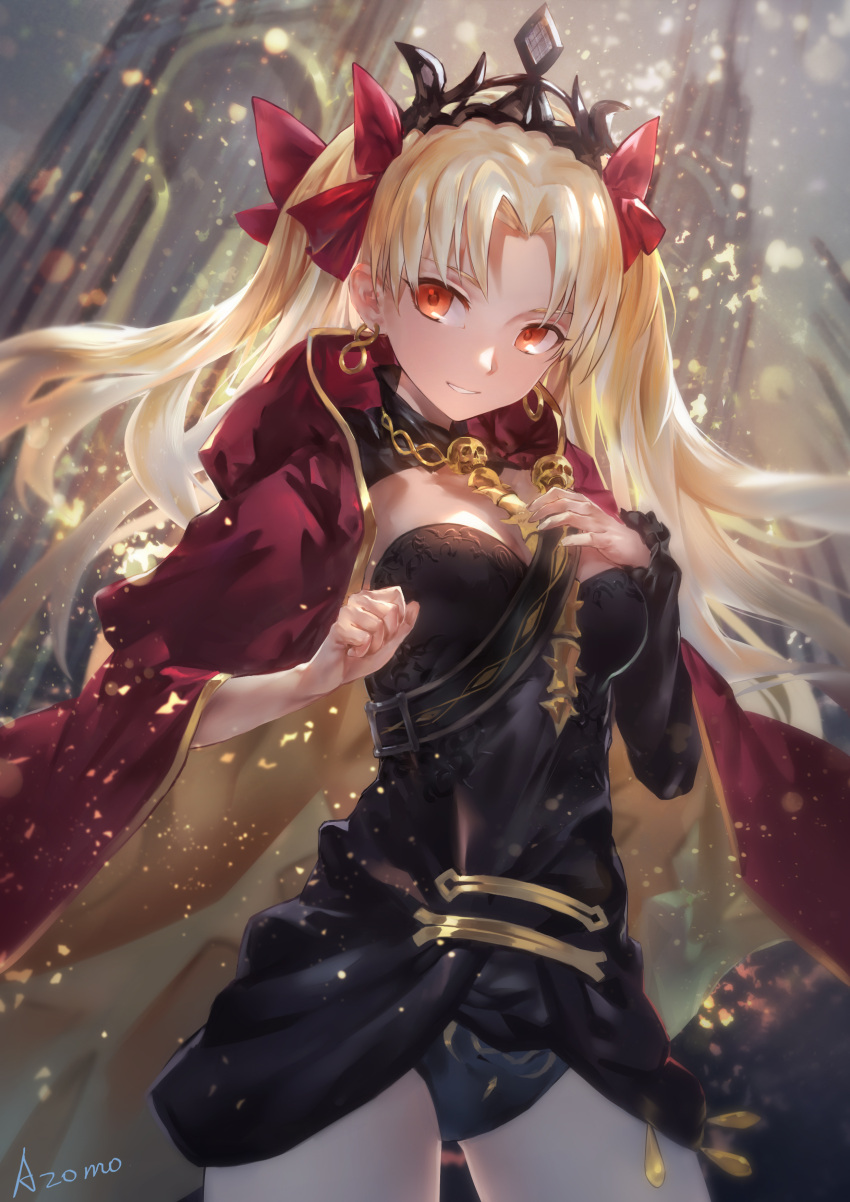 1girl absurdres artist_name avamone bangs black_dress black_leotard blonde_hair blurry bow breasts cape cowboy_shot depth_of_field dress ereshkigal_(fate/grand_order) fate_(series) hair_bow hand_on_own_chest hands_up highres legs_apart leotard light_smile long_hair orange_eyes outdoors parted_bangs parted_lips red_bow signature small_breasts solo tohsaka_rin wavy_hair