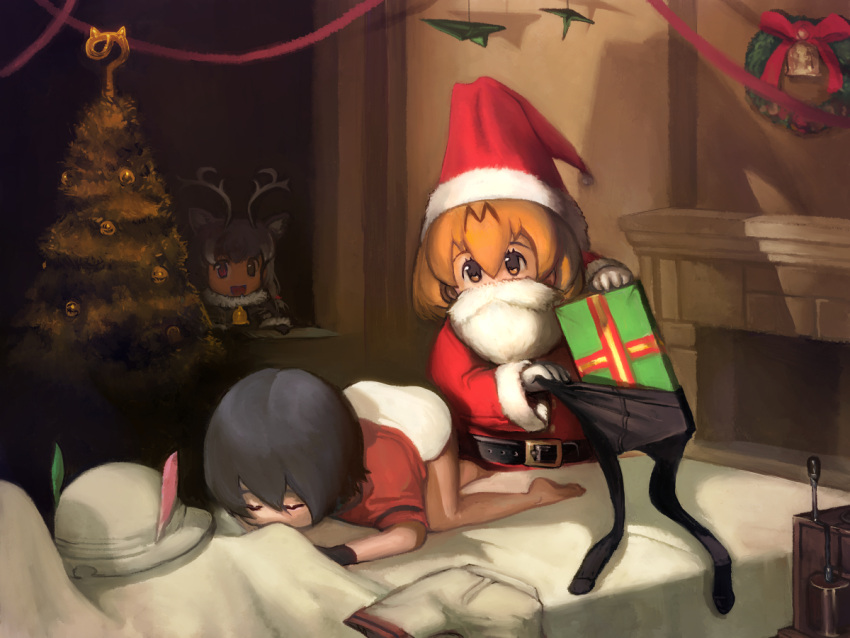3girls :d aasu_kirishita animal_ears antlers bare_legs barefoot bed bell belt brown_eyes brown_hair brown_legwear bucket_hat christmas_tree closed_eyes commentary_request fake_beard fake_mustache fireplace fur_collar fur_trim gift gloves grey_hat grey_shorts hat hat_feather hat_removed headwear_removed holding indoors jacket kaban_(kemono_friends) kemono_friends long_sleeves looking_at_viewer multiple_girls night on_bed open_mouth orange_eyes orange_hair panties pantyhose pantyhose_removed parody red_hat red_jacket reindeer_(kemono_friends) reindeer_antlers reindeer_ears santa_costume santa_hat serval_(kemono_friends) short_hair shorts shorts_removed sleeping smile standing top-down_bottom-up underwear white_gloves white_panties