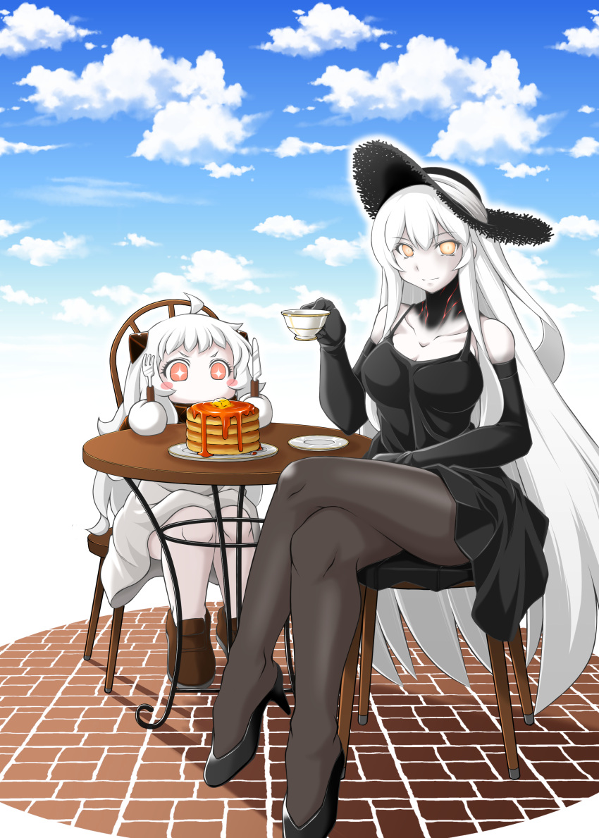 2girls absurdres ahoge aircraft_carrier_hime bare_shoulders black_dress black_gloves black_legwear blush_stickers butter capera collarbone cup dress elbow_gloves eyebrows_visible_through_hair food fork gloves hat high_heels highres horns kantai_collection knife legs_crossed loafers long_hair looking_at_viewer mittens multiple_girls northern_ocean_hime pale_skin pancake pantyhose plate red_eyes shinkaisei-kan shoes sitting sparkling_eyes syrup teacup white_dress white_hair yellow_eyes