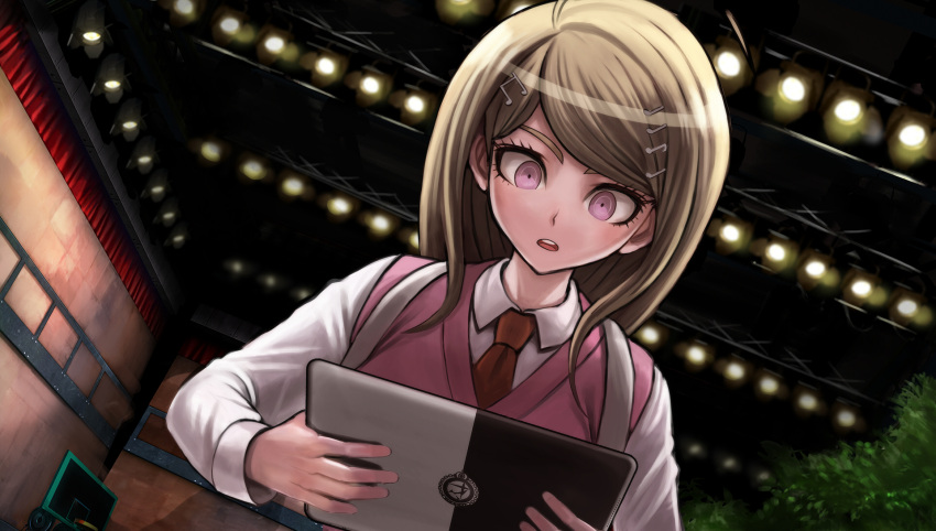 1girl ahoge akamatsu_kaede backpack bag bangs blonde_hair dangan_ronpa eyebrows game_cg gym hair_ornament hairclip highres holding indoors komatsuzaki_rui long_hair looking_down musical_note musical_note_hair_ornament necktie new_dangan_ronpa_v3 official_art open_mouth parted_bangs randoseru school_uniform solo staff_(music) sweater_vest tablet tree violet_eyes