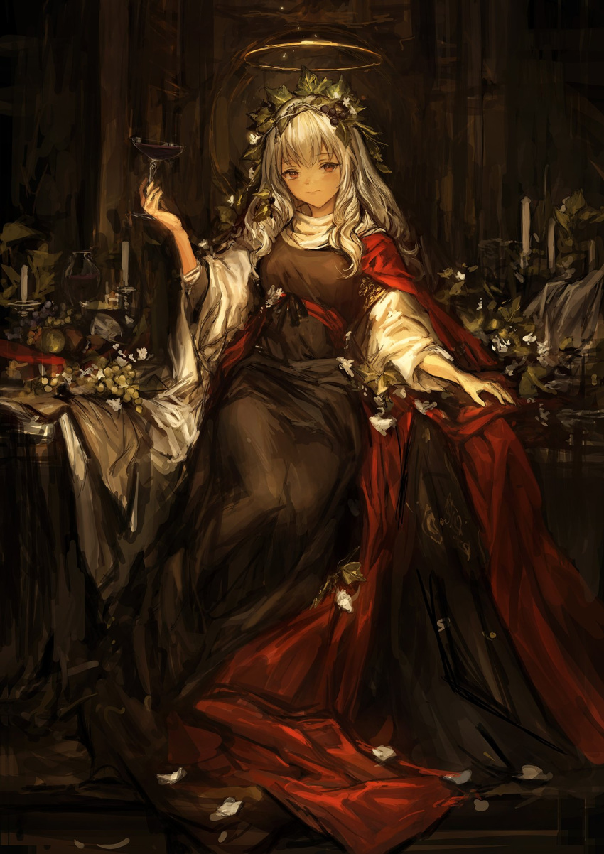 1girl black_dress cape cup dress drinking_glass halo highres laurel_crown lm7_(op-center) long_hair original red_cape red_eyes sitting white_hair wine_glass