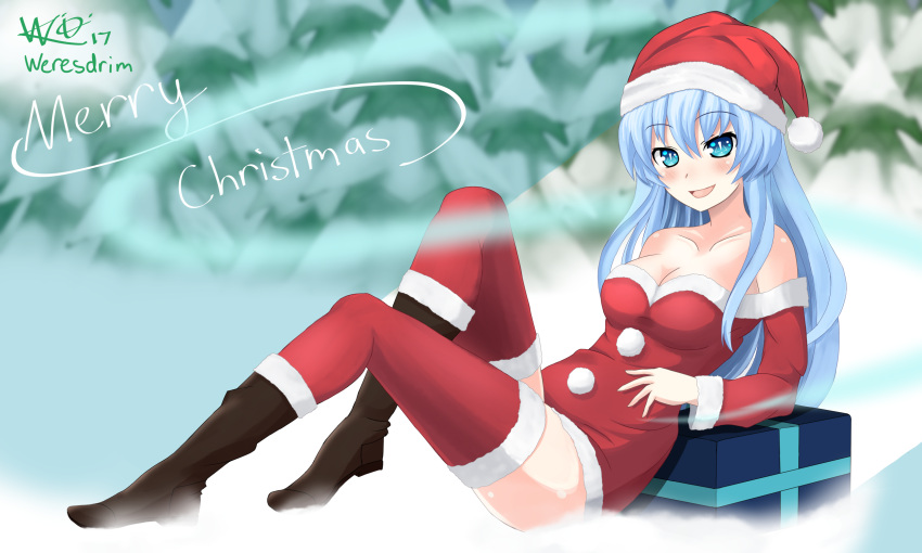1girl :d bare_shoulders blue_eyes blue_hair boots breasts christmas cleavage collarbone fir_tree full_body fur_trim gift hat highres kami_jigen_game_neptune_v kiseijou_rei leaning_back long_hair long_sleeves looking_at_viewer medium_breasts neptune_(series) open_mouth outdoors red_legwear santa_costume santa_hat sitting smile solo symbol-shaped_pupils thigh-highs tree weresdrim