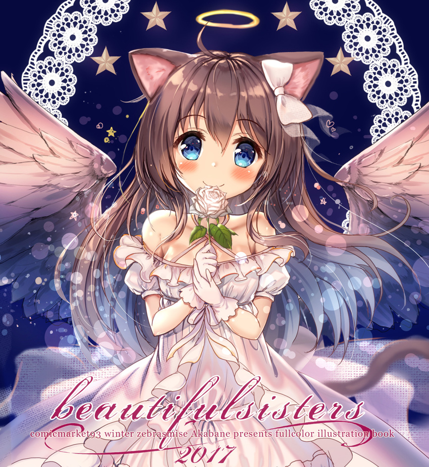 1girl akabane_(zebrasmise) animal_ears bangs bare_shoulders blue_background blue_eyes blush bow brown_hair brown_wings cat_ears cat_girl cat_tail closed_mouth cover cover_page criss-cross_halter doujin_cover dress eyebrows_visible_through_hair feathered_wings flower gloves hair_between_eyes hair_bow halo halterneck head_tilt highres holding holding_flower long_hair looking_at_viewer off-shoulder_dress off_shoulder original puffy_short_sleeves puffy_sleeves rose short_sleeves smile solo star tail very_long_hair white_bow white_dress white_gloves white_rose wings