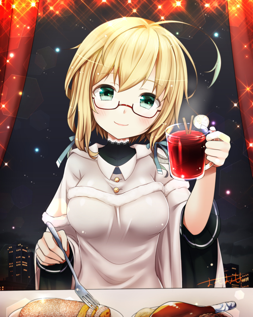 1girl ahoge alternate_costume artist_name blonde_hair blush breasts building buttons commentary_request cup drinking_glass food fork glasses green_eyes highres holding holding_drinking_glass holding_fork i-8_(kantai_collection) kantai_collection long_hair medium_breasts omoomomo red-framed_eyewear signature smile solo