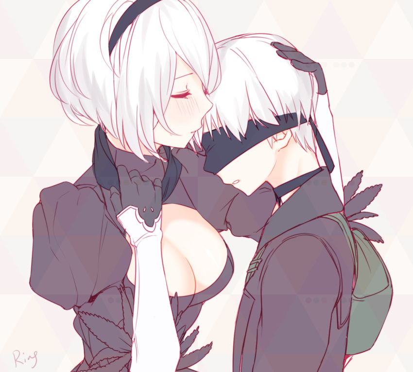 1boy 1girl aki663 black_gloves blindfold blush breasts choker cleavage cleavage_cutout closed_eyes couple forehead_kiss gloves head_hug hetero highres kiss medium_breasts nier_(series) nier_automata parted_lips short_hair turtleneck white_hair yorha_no._2_type_b yorha_no._9_type_s