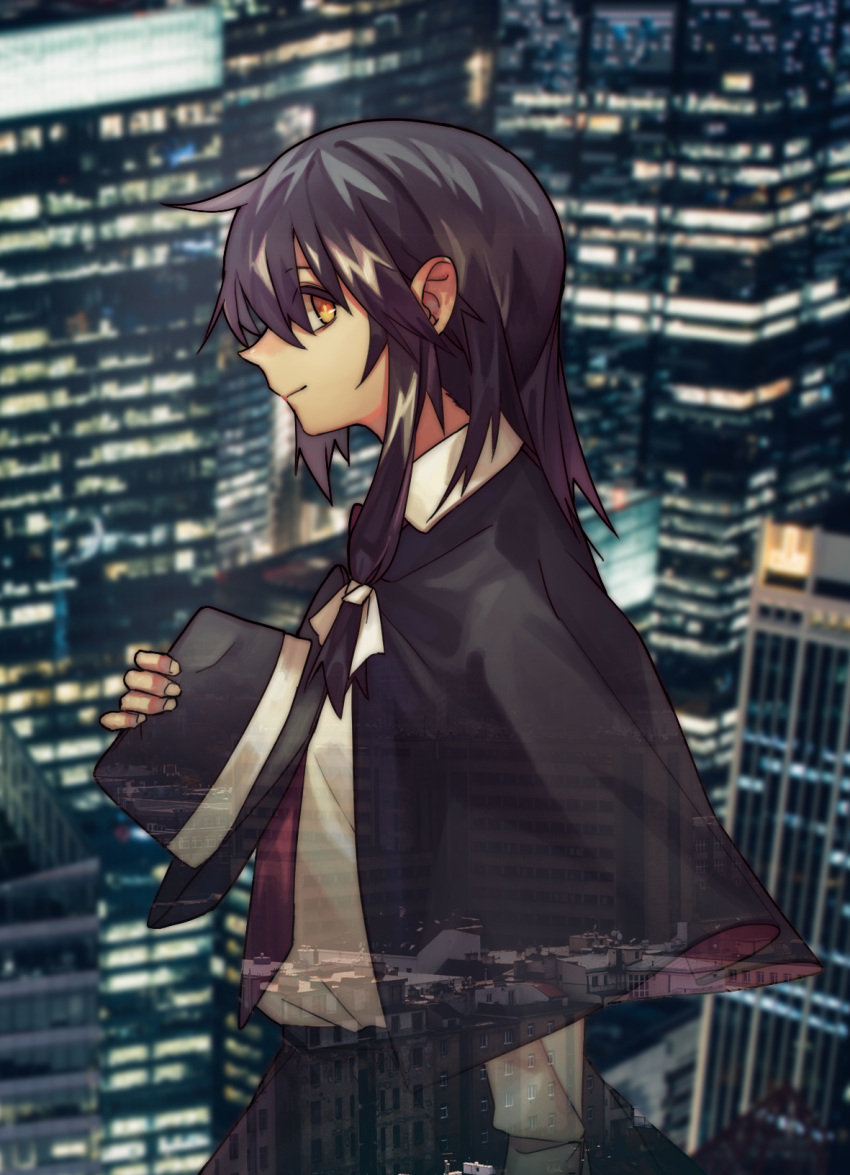 1girl arm_at_side bangs black_hair black_hat black_skirt blurry blurry_background capelet city city_lights fedora from_side hair_between_eyes hair_ribbon hat hat_removed hat_ribbon headwear_removed highres long_hair long_skirt long_sleeves looking_at_viewer looking_to_the_side ouka_musci photo_background red_neckwear ribbon see-through shirt shirt_tucked_in single_sidelock skirt smile solo touhou upper_body usami_renko white_shirt yellow_eyes yellow_pupils