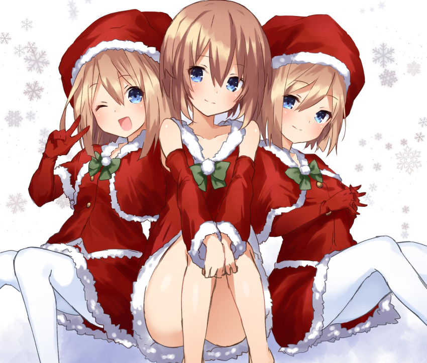 3girls ;d bare_legs bare_shoulders blanc blancpig_yryr blue_eyes blush brown_hair christmas commentary_request convenient_leg detached_sleeves dress elbow_gloves fur_trim gloves green_neckwear hat highres interlocked_fingers knees_up long_hair looking_at_viewer multiple_girls neptune_(series) one_eye_closed open_mouth pantyhose ram_(choujigen_game_neptune) red_capelet red_dress rom_(choujigen_game_neptune) santa_hat short_hair shoulder-to-shoulder siblings sisters sitting smile snowflake_background twins v white_legwear