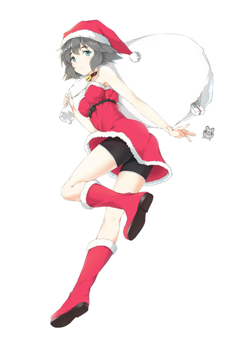 1girl ass bare_shoulders bell bell_collar bike_shorts black_hair boots breasts carrying_over_shoulder christmas collar full_body fur_trim gift_bag green_eyes hat highres looking_at_viewer medium_breasts metal_upa one_leg_raised santa_boots santa_costume santa_hat shiina_mayuri short_hair simple_background solo steins;gate white_background xyh_(15283521)