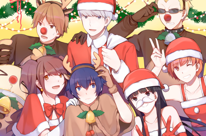 &gt;_&lt; 3boys 4girls :3 :d absurdres adjusting_eyewear adjusting_headwear amagi_yukiko animal_costume animal_ears bag bangs bell black_eyes black_hair blonde_hair blue_eyes blue_hair blunt_bangs bow bowtie brown_eyes brown_hair capelet carrying_over_shoulder christmas christmas_lights closed_mouth clown_nose collar collarbone commentary double_v dress earrings elbow_gloves eyebrows_visible_through_hair fake_animal_ears fake_antlers fake_mustache fake_nose flipped_hair furrowed_eyebrows gift_bag gloves grey_eyes grin hanamura_yousuke hand_on_another's_shoulder hand_to_head hat headband highres holly horn_grab jewelry kujikawa_rise kuma_(persona_4) long_hair looking_at_viewer looking_away multiple_boys multiple_girls narukami_yuu one_eye_closed open_mouth orange_hair parted_bangs persona persona_4 pinafore_dress purple_hair red_gloves red_neckwear reindeer_costume santa_costume santa_hat satonaka_chie shirogane_naoto short_hair sidelocks silver_hair smile spiked_collar spikes sunglasses sweatdrop swept_bangs tatsumi_kanji teeth twintails v v-shaped_eyebrows white_gloves wreath yellow_background yft000
