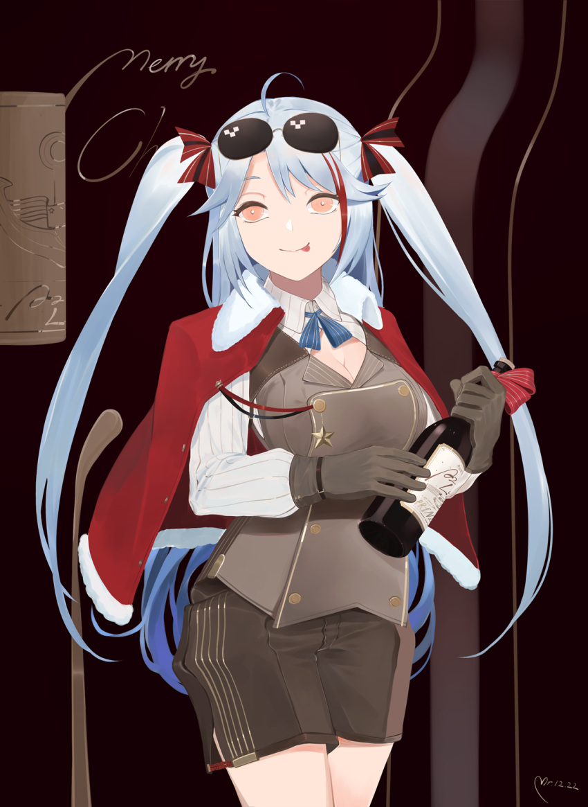 1girl :p ahoge azur_lane black_gloves black_shorts bottle breasts cleavage cowboy_shot eyewear_on_head gloves highres long_hair looking_at_viewer merry_christmas military military_uniform prinz_eugen_(azur_lane) red_eyes shorts silver_hair solo sunglasses tongue tongue_out twintails uniform very_long_hair yueguang_zhanglang