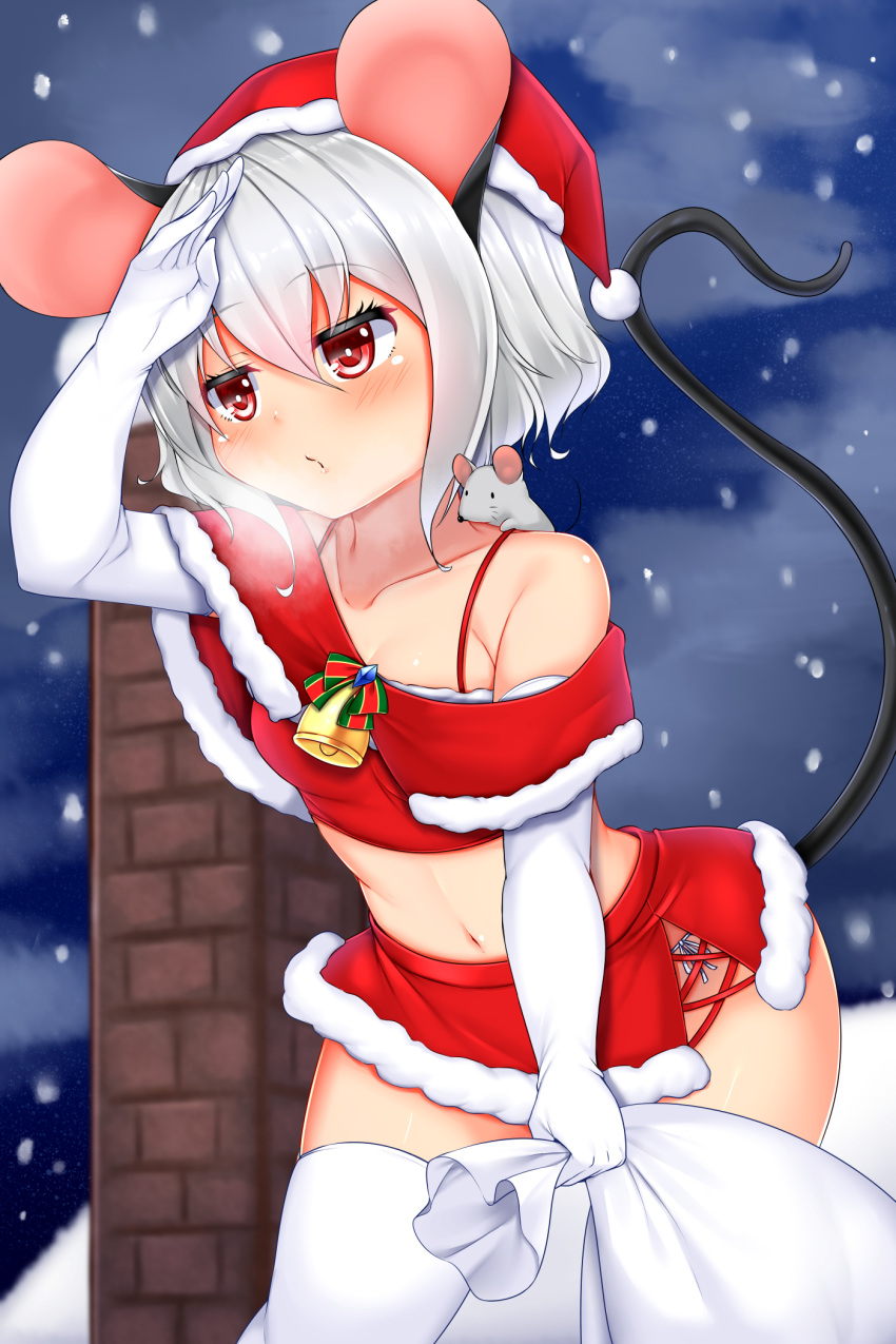 1girl animal_ears bell bra breath capelet chimney clouds gloves grey_hair hand_up hat highres midriff miniskirt mouse mouse_ears mouse_tail navel nazrin night off_shoulder outdoors red_bra red_eyes red_skirt rooftop sack santa_costume santa_hat skirt snow snowing solo tail thigh-highs tokoya_(ex-hetare) touhou underwear white_gloves white_hair white_legwear