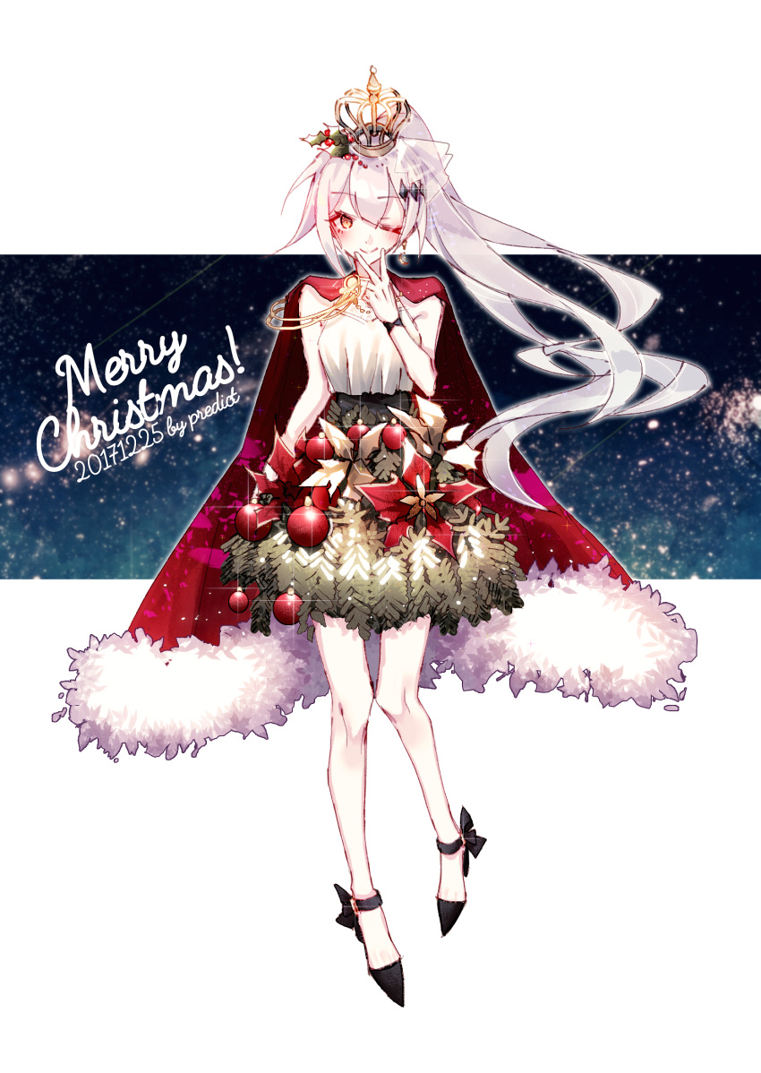 1girl aiguillette alternate_costume arm_at_side bangs bare_shoulders blush bow breasts brown_eyes cape christmas christmas_dress christmas_ornaments christmas_tree_hair_ornament crescent crescent_earrings crown decorations dress earrings eyebrows_visible_through_hair five-seven_(girls_frontline) fur-trimmed_cape fur_trim girls_frontline hair_ornament hand_to_own_mouth highres jewelry knees_together_feet_apart large_breasts long_hair looking_at_viewer ponytail predict ribbon ribbon-trimmed_shoes silver_hair single_earring smile solo sparkle star very_long_hair yellow_eyes