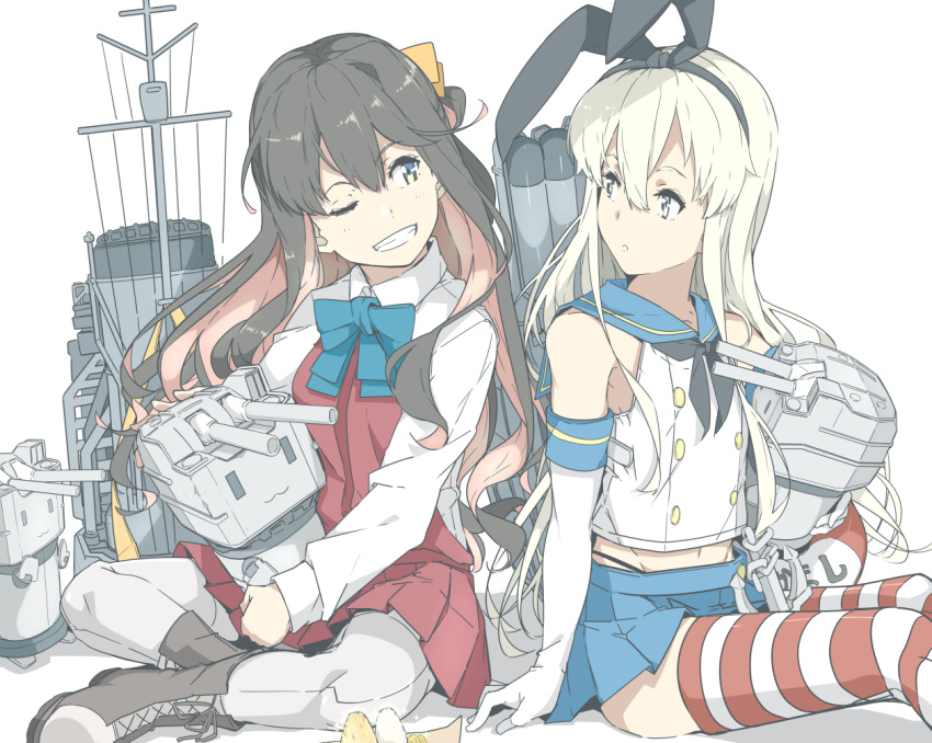 1girl arm_support black_hair black_panties blonde_hair blush boots bow bowtie breasts cross-laced_footwear dress elbow_gloves fang food gloves grey_legwear hair_ornament hair_ribbon hairband halterneck kantai_collection lace-up_boots large_breasts long_hair long_sleeves looking_at_another multicolored_hair multiple_girls naganami_(kantai_collection) navel ninimo_nimo one_eye_closed onigiri open_mouth panties pantyhose parted_lips pink_hair rensouhou-chan ribbon rigging sailor_collar school_uniform serafuku shimakaze_(kantai_collection) shirt sitting skirt smile solo sparkle striped striped_legwear thigh-highs two-tone_hair underwear white_gloves white_shirt yellow_eyes