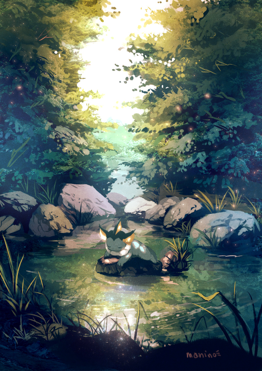 artist_name closed_eyes commentary_request day grass highres manino_(mofuritaionaka) nature no_humans outdoors pokemon pokemon_(creature) pond rock scenery solo tree vaporeon water