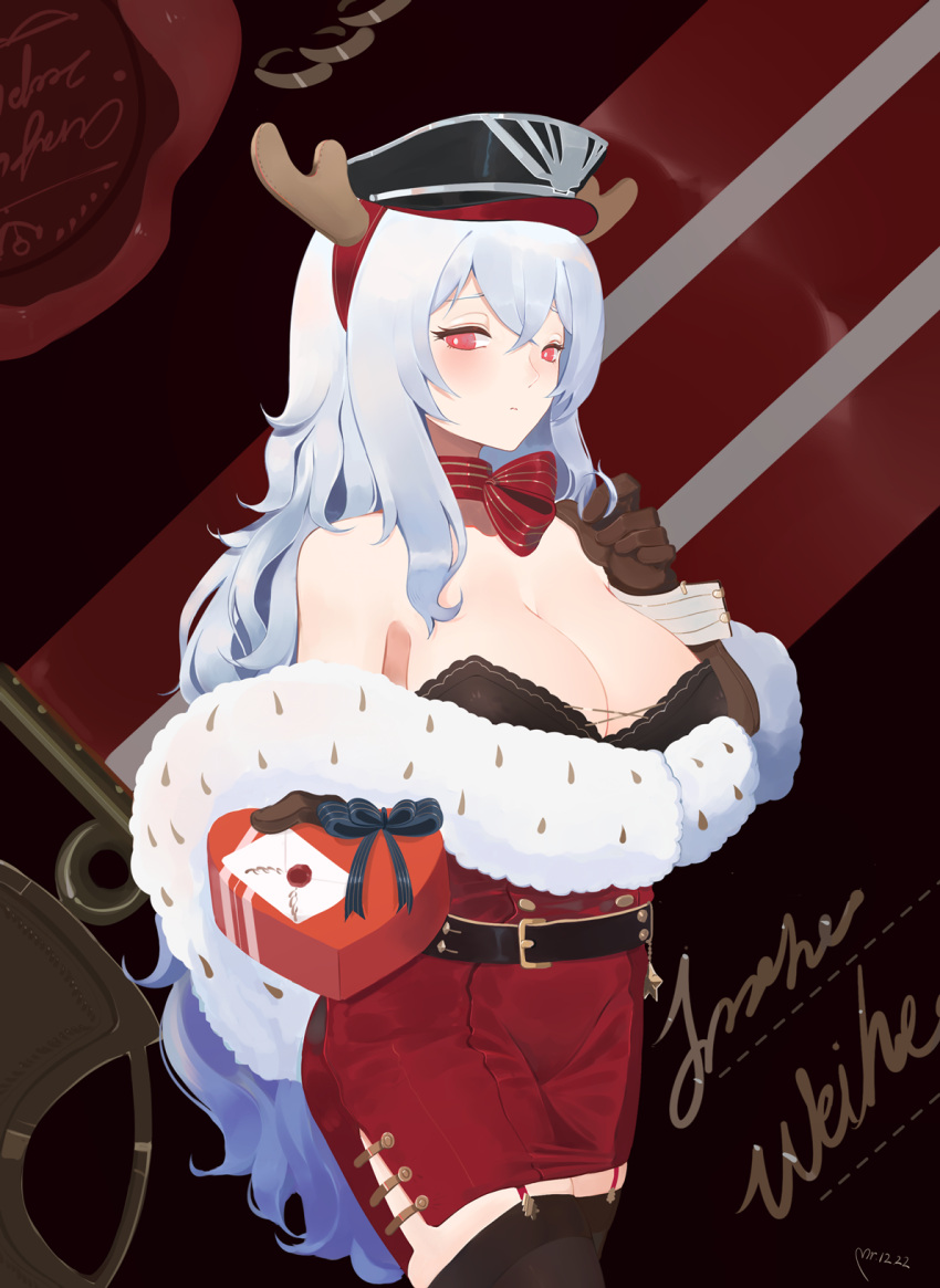 1girl antlers azur_lane bare_shoulders belt black_bra black_gloves black_legwear blush box bra breasts garland_(decoration) garter_straps gift gift_box gloves graf_zeppelin_(azur_lane) hairband hat heart-shaped_box highres holding holding_gift incoming_gift large_breasts long_hair looking_at_viewer peaked_cap pencil_skirt red_eyes red_skirt silver_hair skirt solo strapless strapless_bra thigh-highs underwear very_long_hair wavy_hair wrist_cuffs yueguang_zhanglang