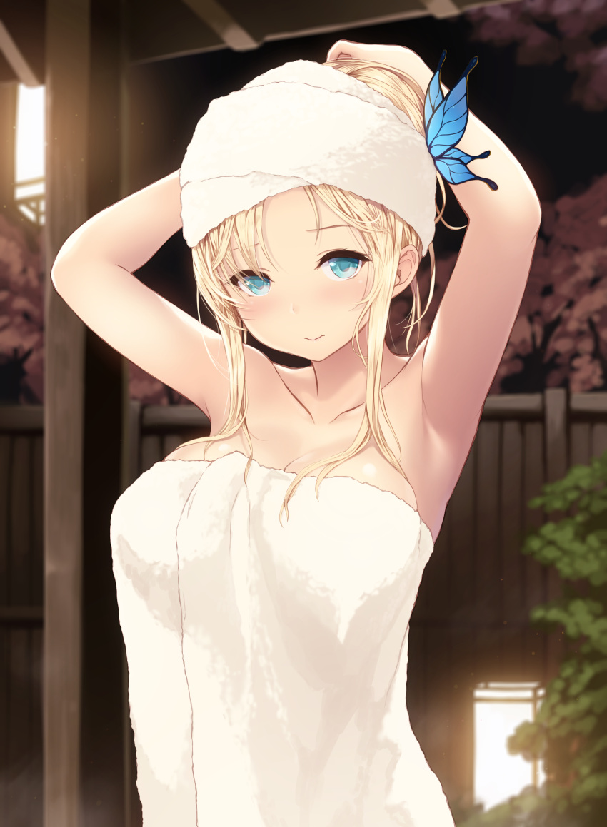 1girl absurdres adjusting_hair armpits arms_behind_head backlighting bare_arms bare_shoulders blonde_hair blue_eyes blurry blush boku_wa_tomodachi_ga_sukunai breasts butterfly_hair_ornament cait cleavage closed_mouth depth_of_field fence hair_ornament highres kashiwazaki_sena lantern large_breasts looking_at_viewer naked_towel outdoors short_hair_with_long_locks sidelocks solo tareme towel towel_on_head tree upper_body wooden_fence